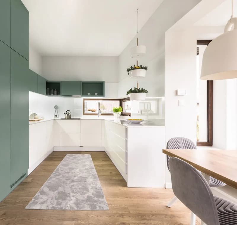 Blue,And,White,Cabinets,In,Modern,Kitchen,Interior,With,Wooden